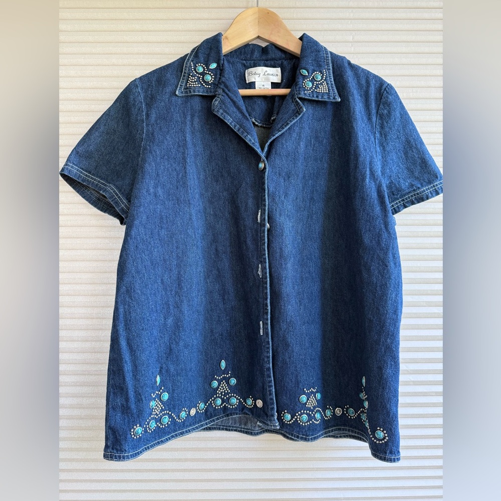 Betsy Lauren Vintage Denim Button Up Turquoise And Silver Color embellishment